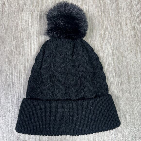 True Religion Women's Black Pom Top Knit Beanie Bejeweled Rhinestone Logo - Picture 2 of 5